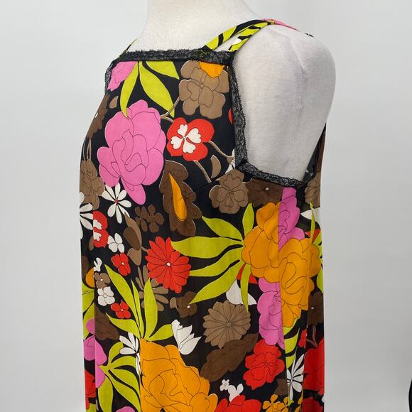 Vintage 60s Floral Slip Negligee Mini Dress Lace Trim Double Strap Womens M - Picture 5 of 7